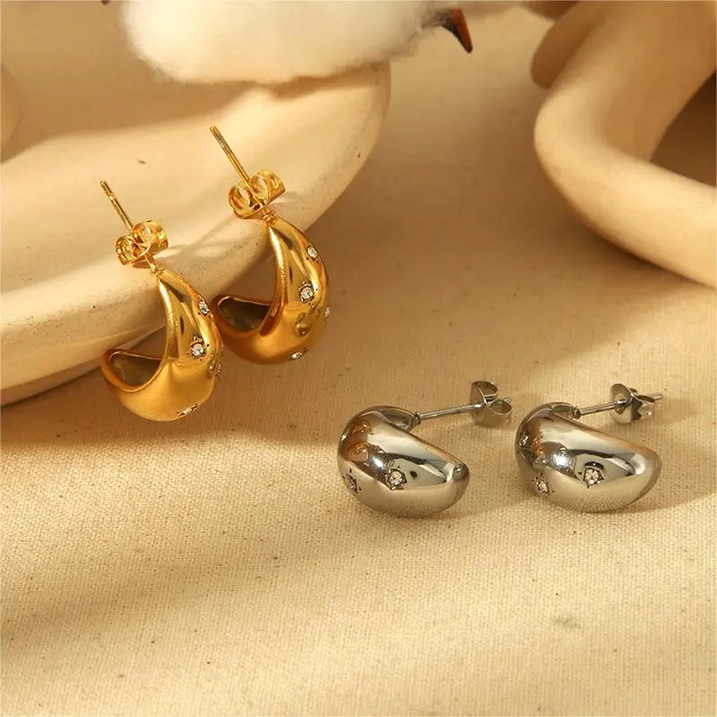 1 par de pendientes de botón de acero inoxidable con forma de gota de estilo simple y chapado en oro de 18 quilates con incrustaciones de diamantes de imitación para mujer h5 